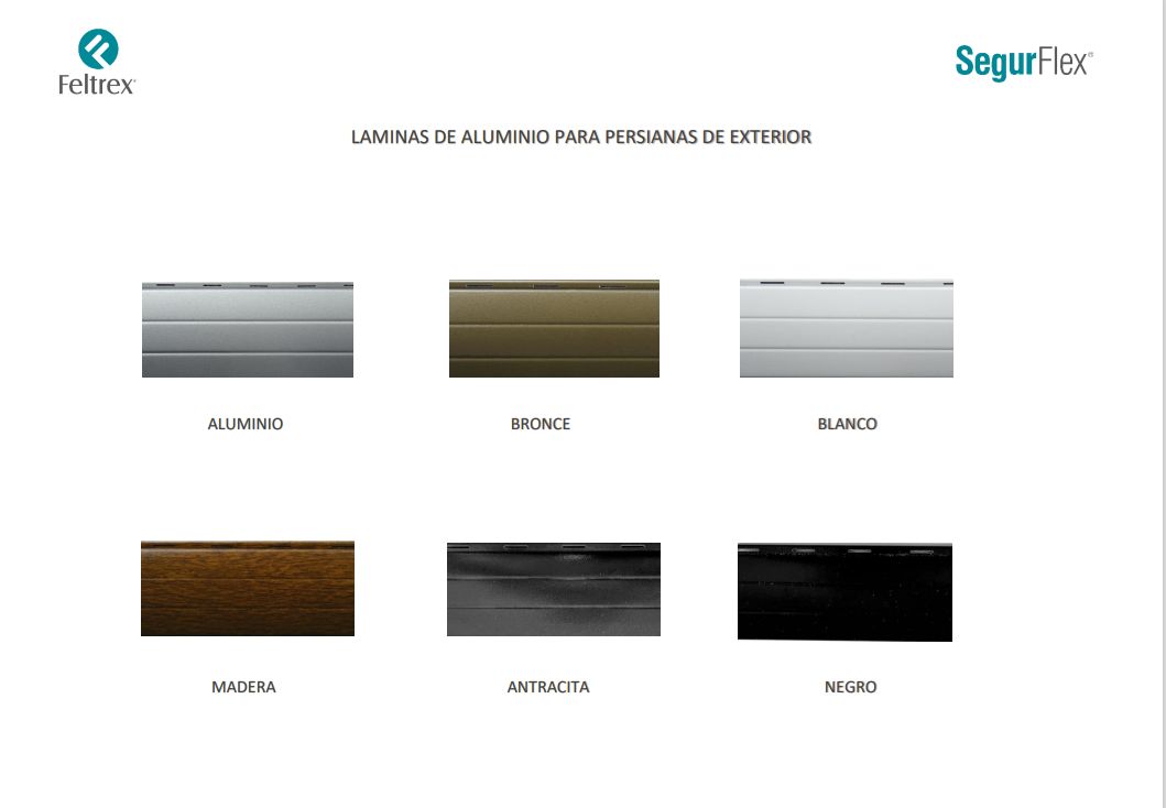 Carta de colores de láminas SegurFlex: aluminio, bronce, blanco, madera, antracita y negro