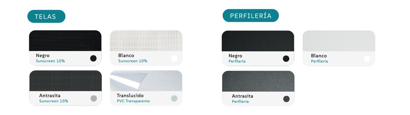 Telas Sunscreen negro, blanco y antracita, PVC transparente y perfilería negra, blanca y antracita